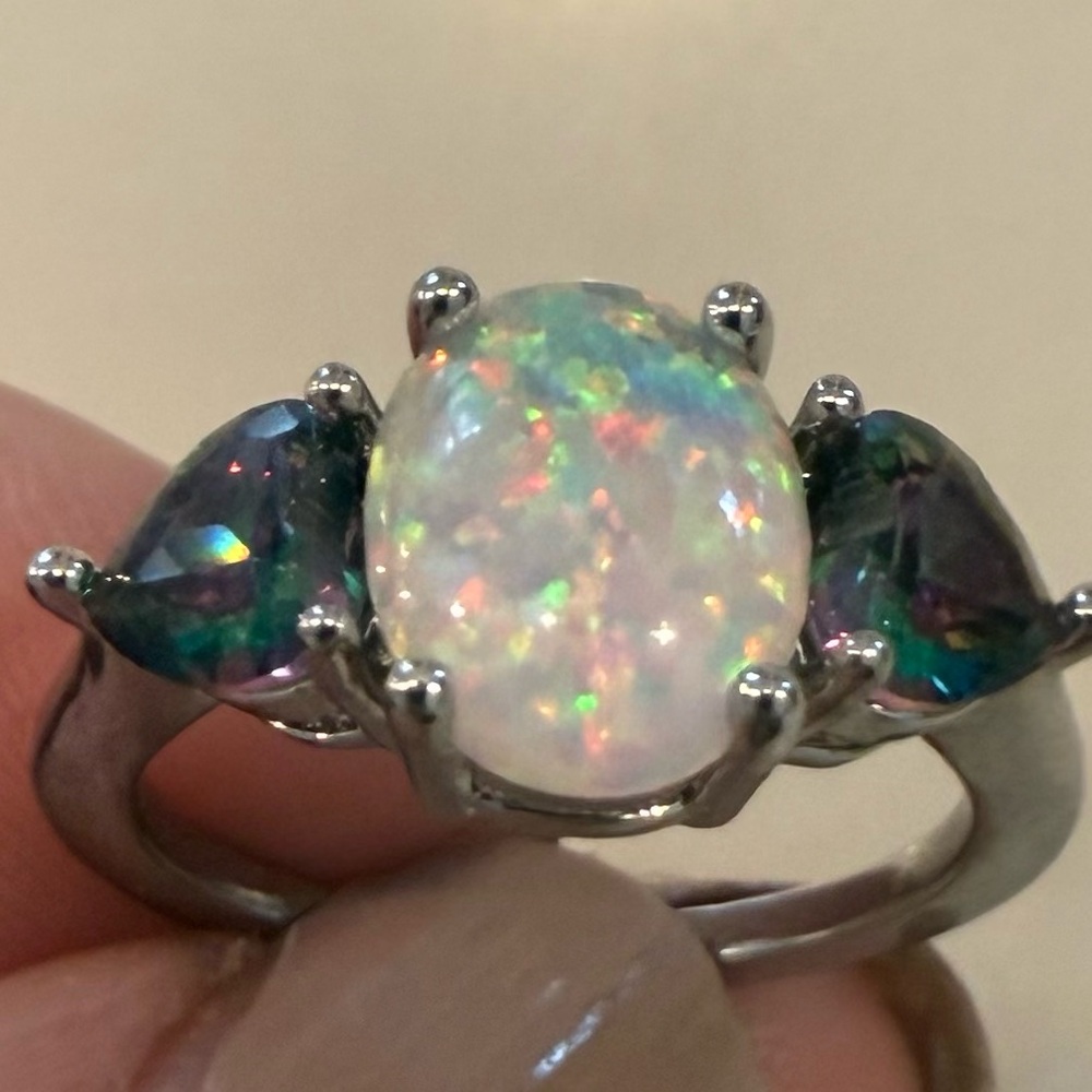 Women’s Oval Mystic White Fire and 2 Zircon Heart Opal Rings 6